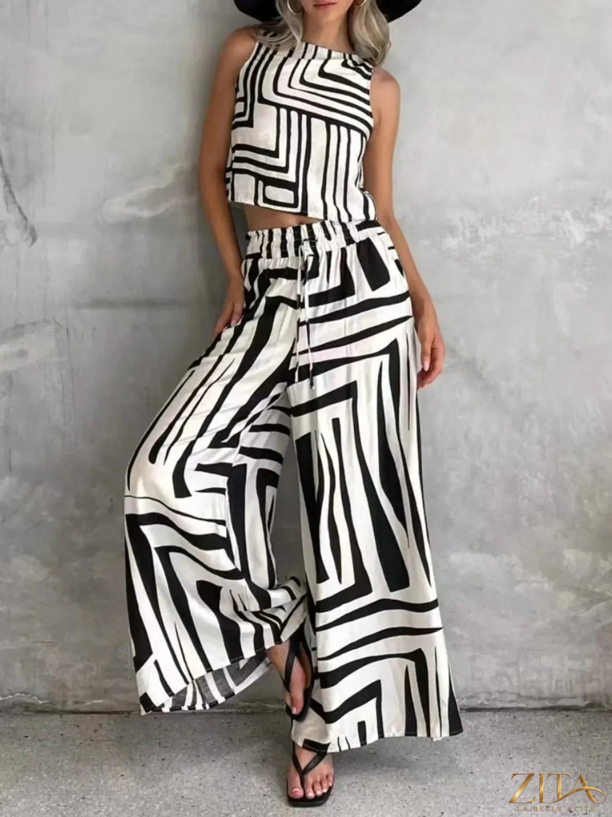 Zita La Belle Elite geometric print sleeveless top and wide-leg pants set, stylish fashion ensemble with modern design.