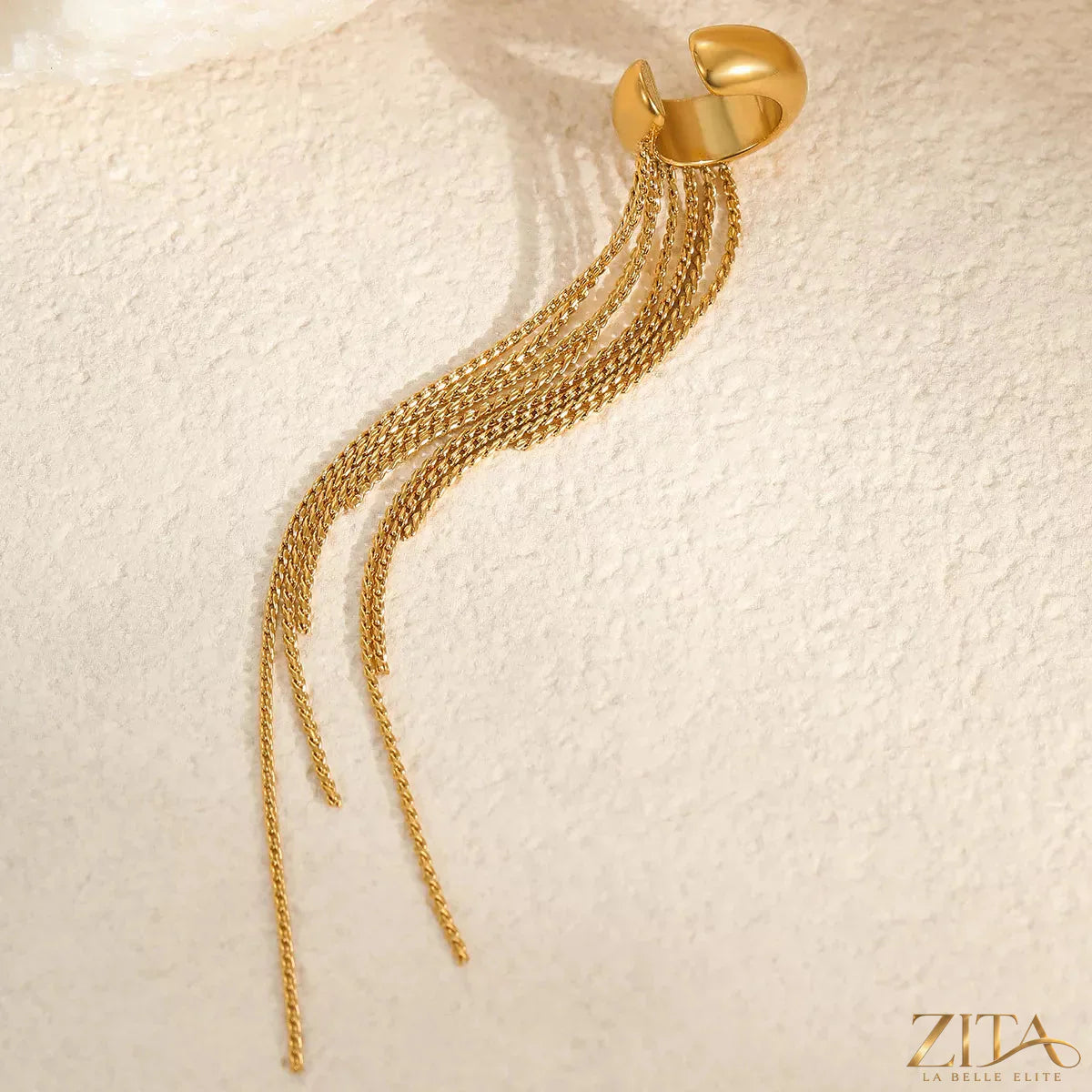 Gold-plated tassel ear cuff earrings by Zita La Belle Elite, featuring elegant dangling tassels and a sleek, modern design.
