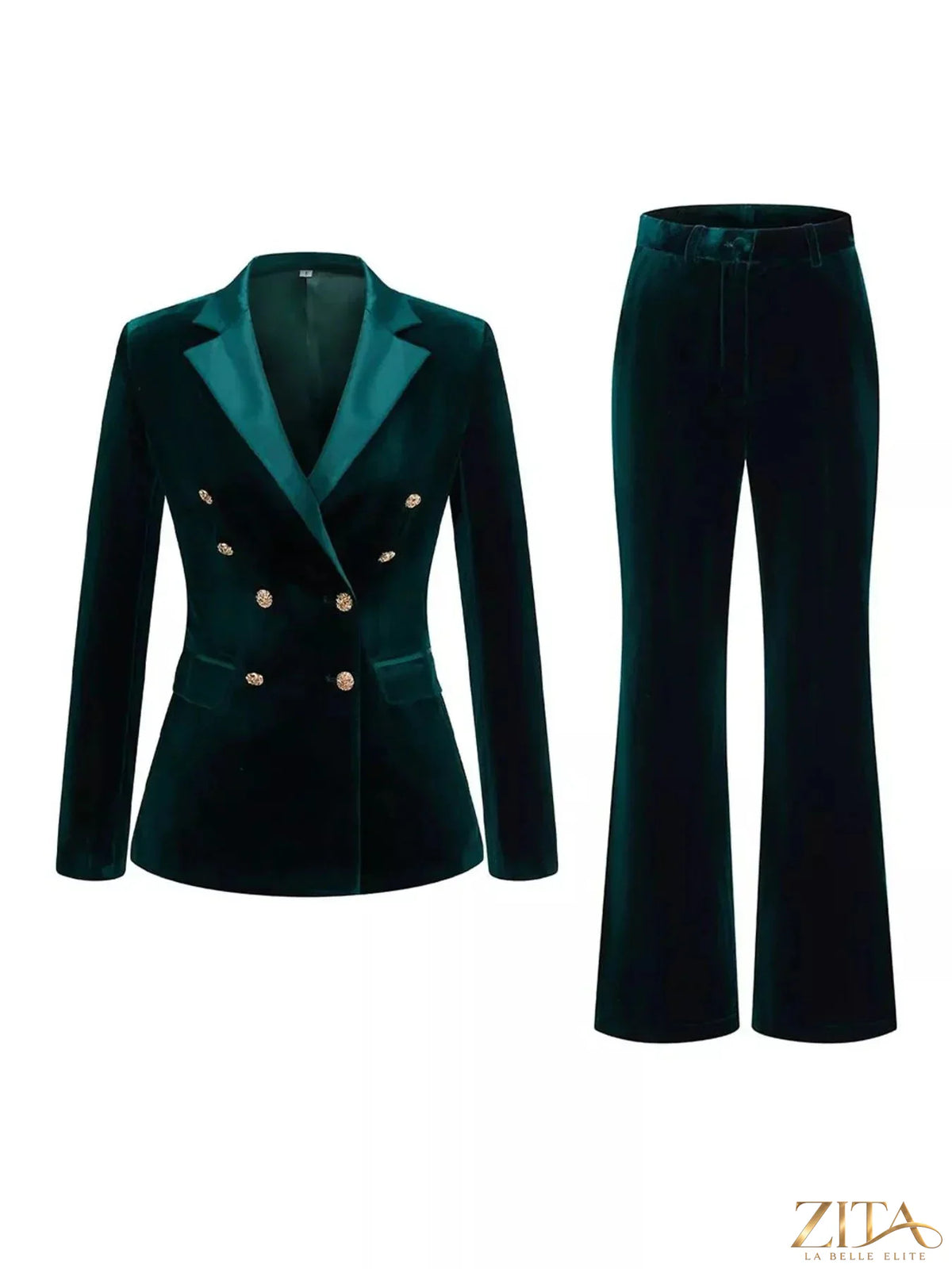 Zita La Belle Elite velvet double-breasted blazer and flare pant set featuring a tailored blazer and wide-leg pants.