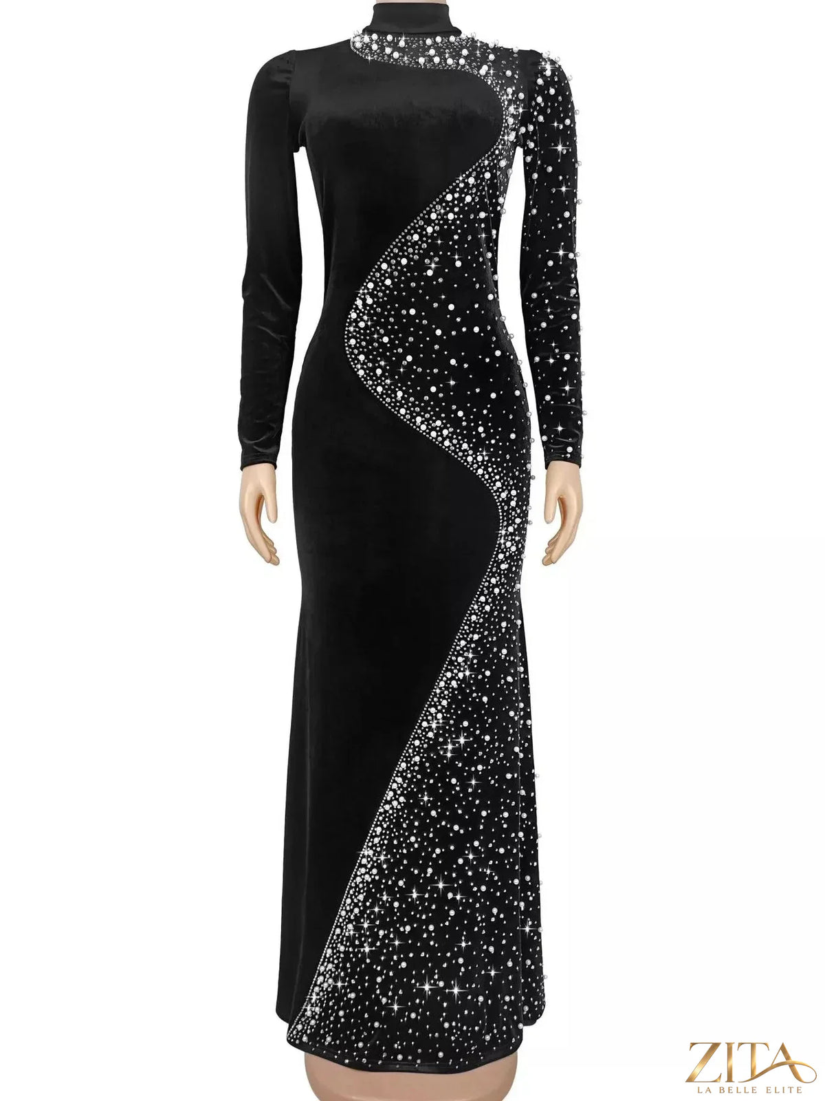 Rhinestone-embellished velvet mermaid evening maxi dress by Zita La Belle Elite, featuring a fitted silhouette and intricate detailing.