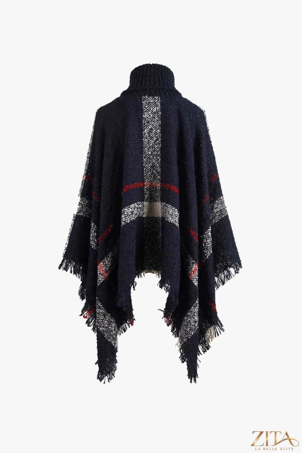 Plaid turtleneck raw hem poncho by Trendsi featuring a cozy, oversized design with a plaid pattern and raw hem details.