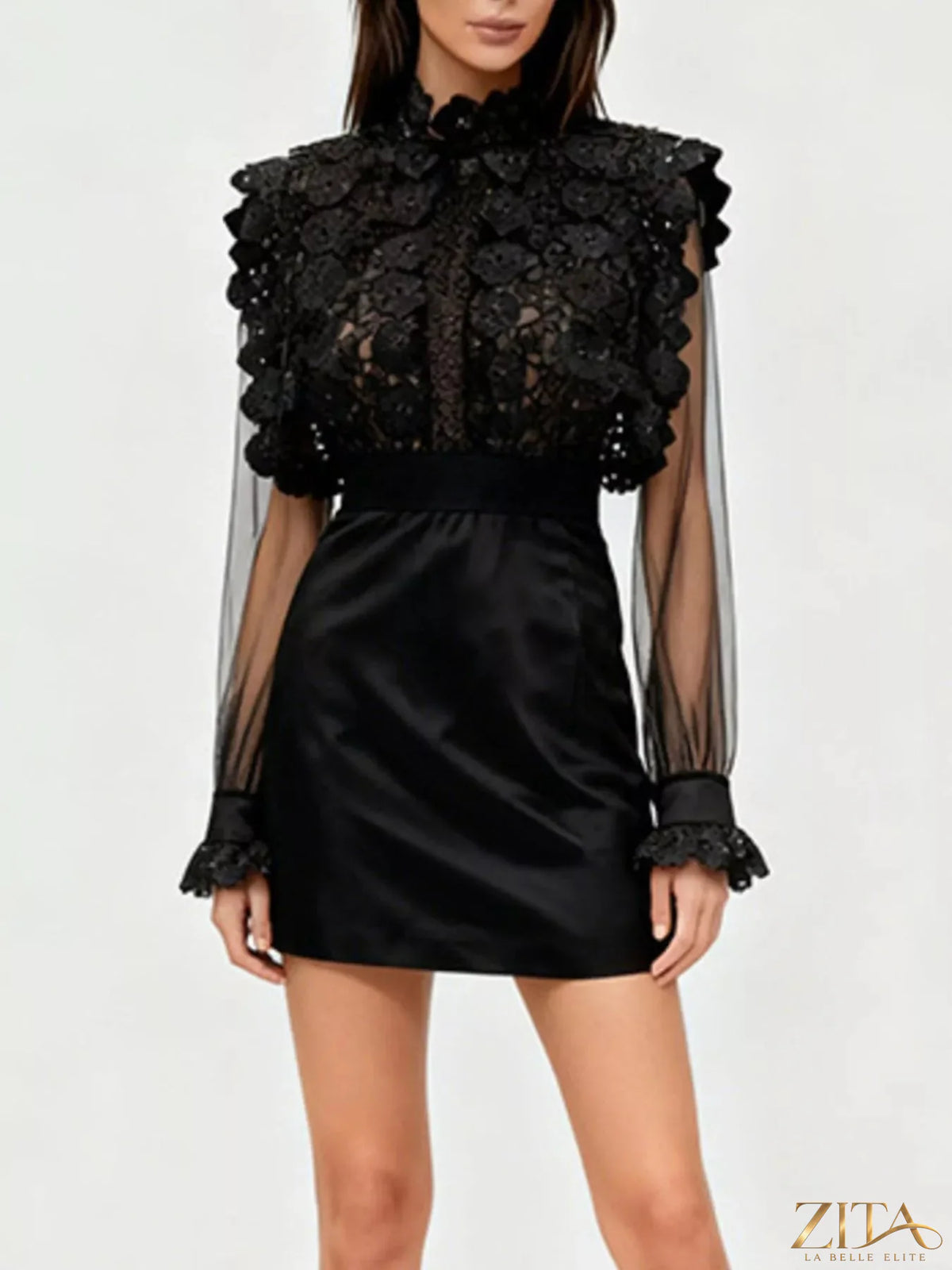 Lace sheer sleeve mini dress from Trendsi featuring delicate lace fabric and a fitted silhouette, perfect for stylish evening wear.