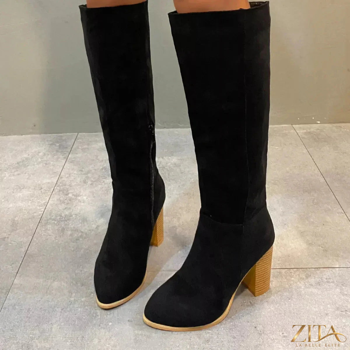 Zita La Belle Elite point toe block heel boots with sleek design and stylish silhouette, shown in black on a plain background.