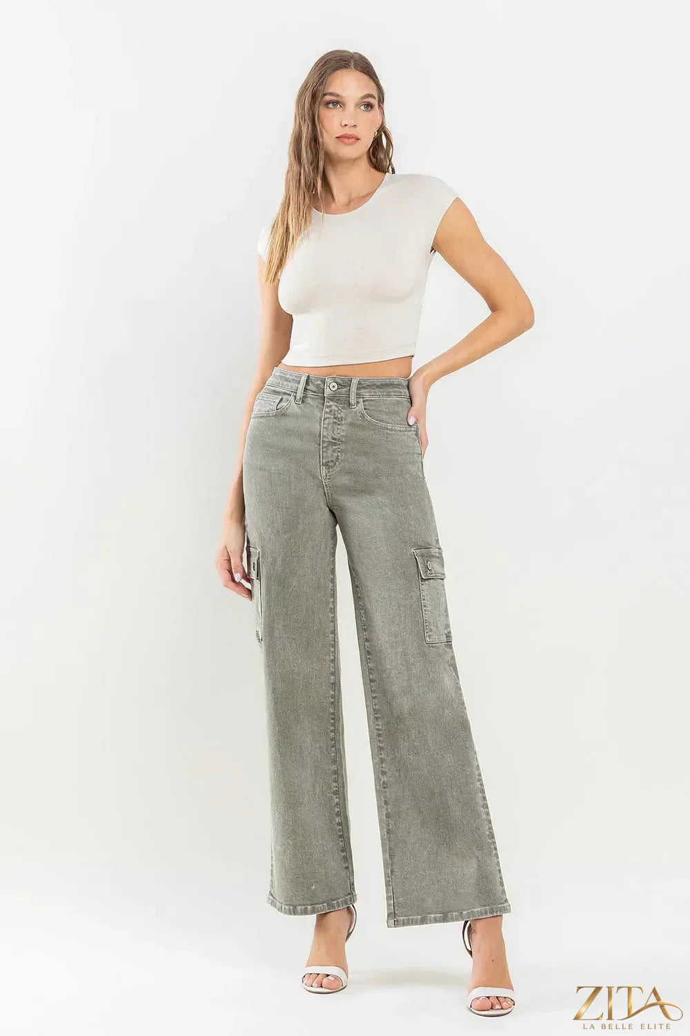 Vervet by Flying Monkey 90's super high-rise cargo jeans in dark wash with large side pockets and relaxed fit.