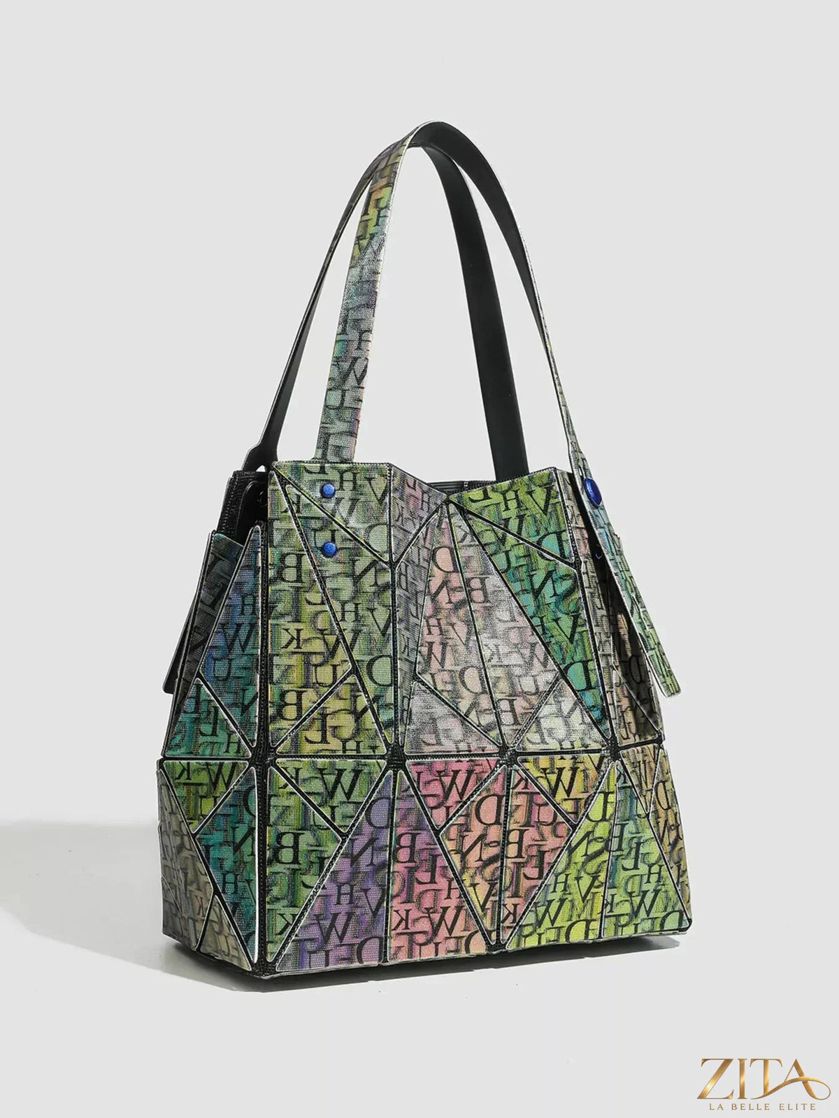 Iridescent geometric shoulder bag by Zita La Belle Elite with a sleek design and stylish shape, perfect for fashionable accessories.
