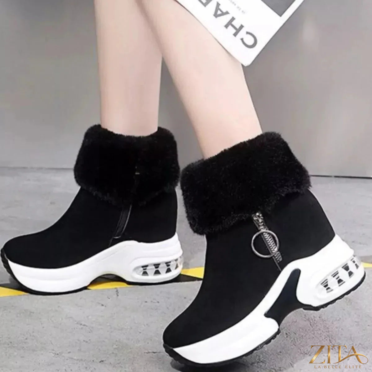 Zita La Belle Elite fuzzy side zipper platform ankle boots with chunky soles and cozy fur detail, stylish for casual wear.