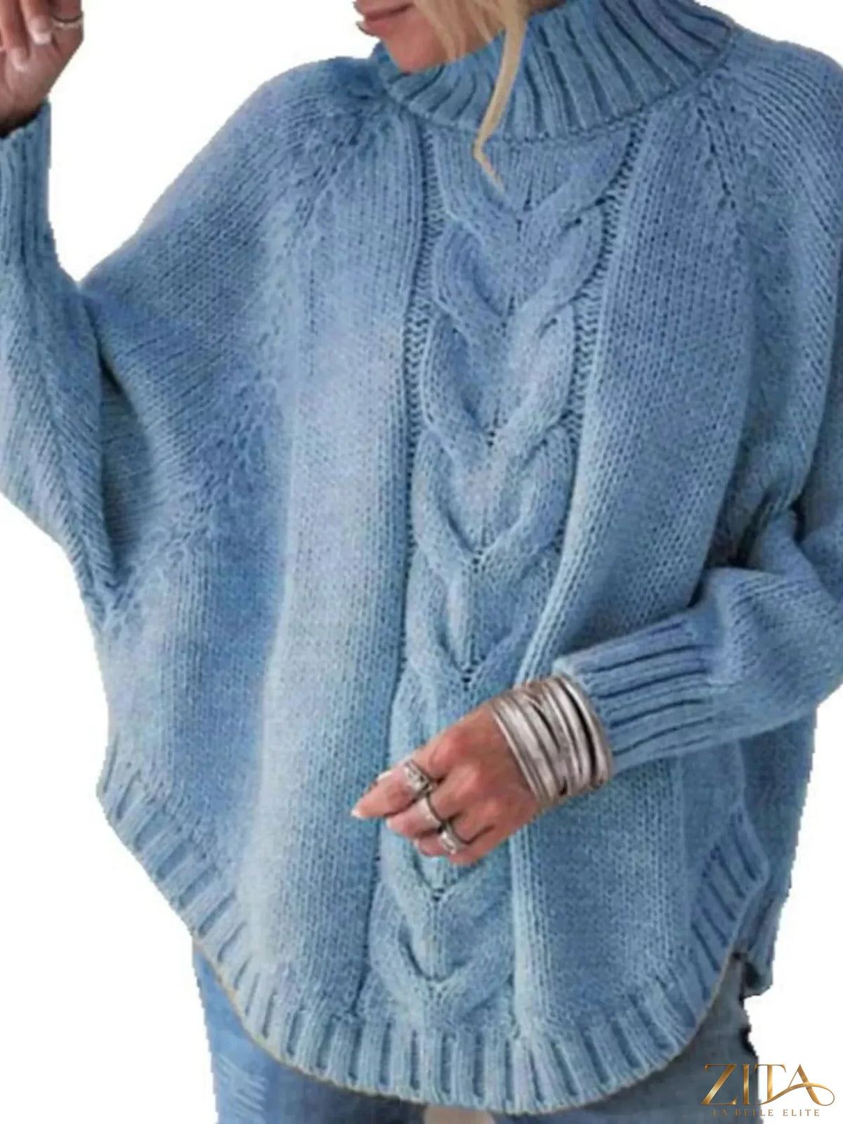 Zita La Belle Elite cable-knit long sleeve sweater in cozy, textured knit with ribbed cuffs and neckline.