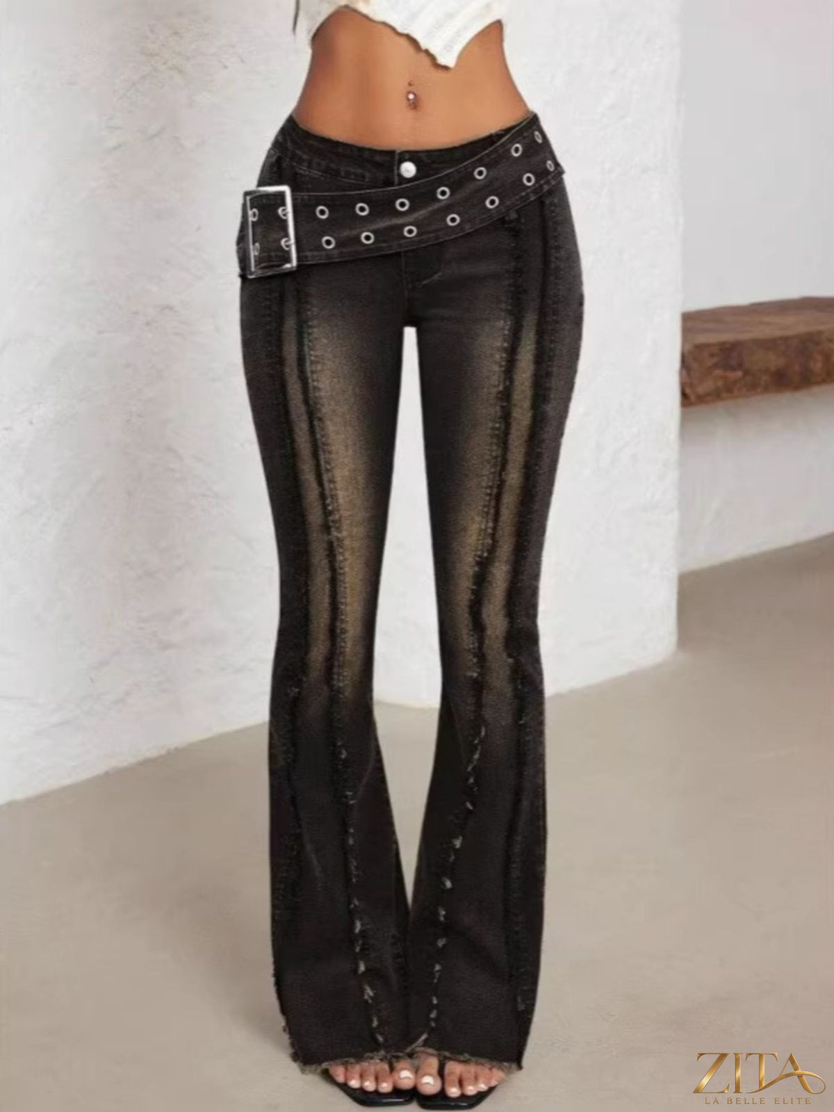 Zita La Belle Elite belted high waist flare jeans showing front view with wide legs and stylish belt detail.