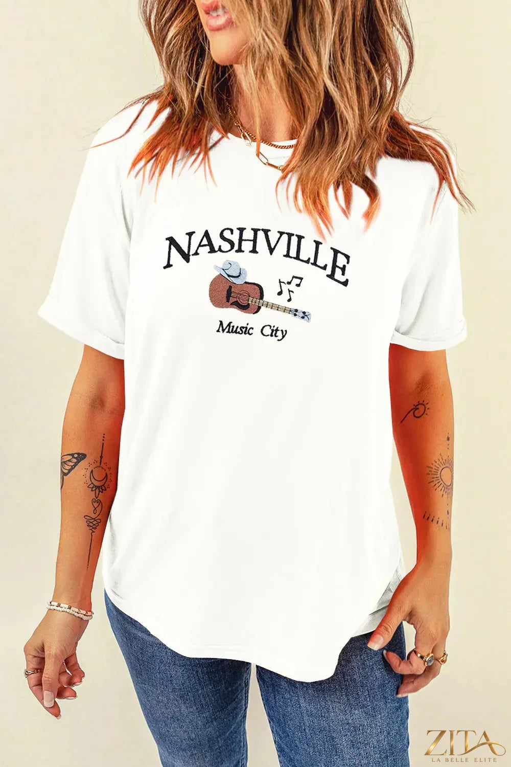 Nashville Music City guitar print crewneck T-shirt by Trendsi, featuring a musical guitar graphic on the front.
