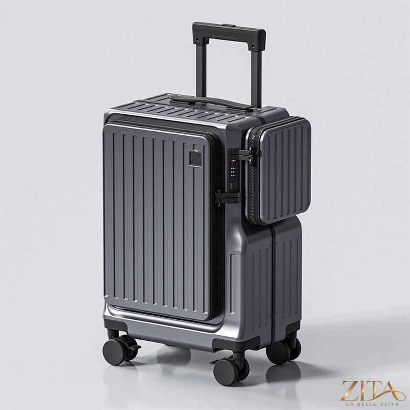 Zita La Belle Elite front-opening 20-inch carry-on suitcase with sleek design and sturdy handle, suitable for travel.