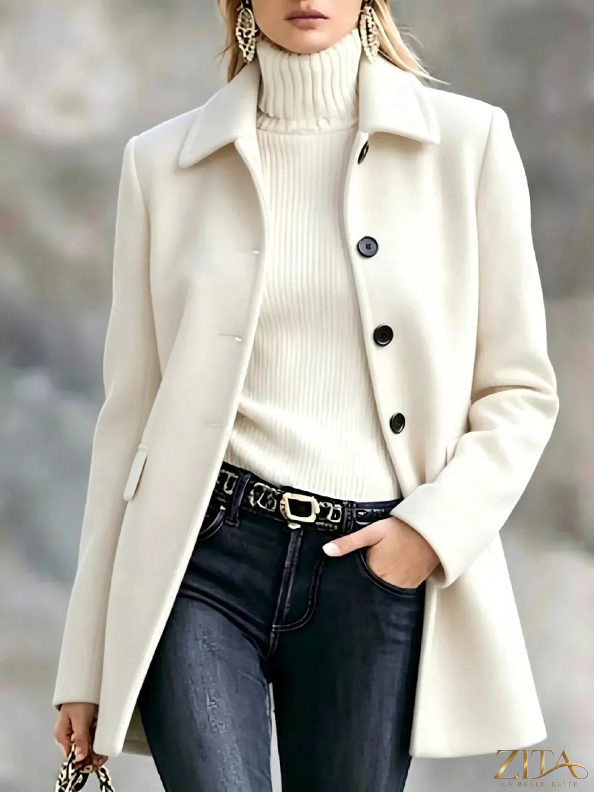 Zita La Belle Elite button-up coat with a collared neck, featuring a stylish and warm design perfect for cold weather.