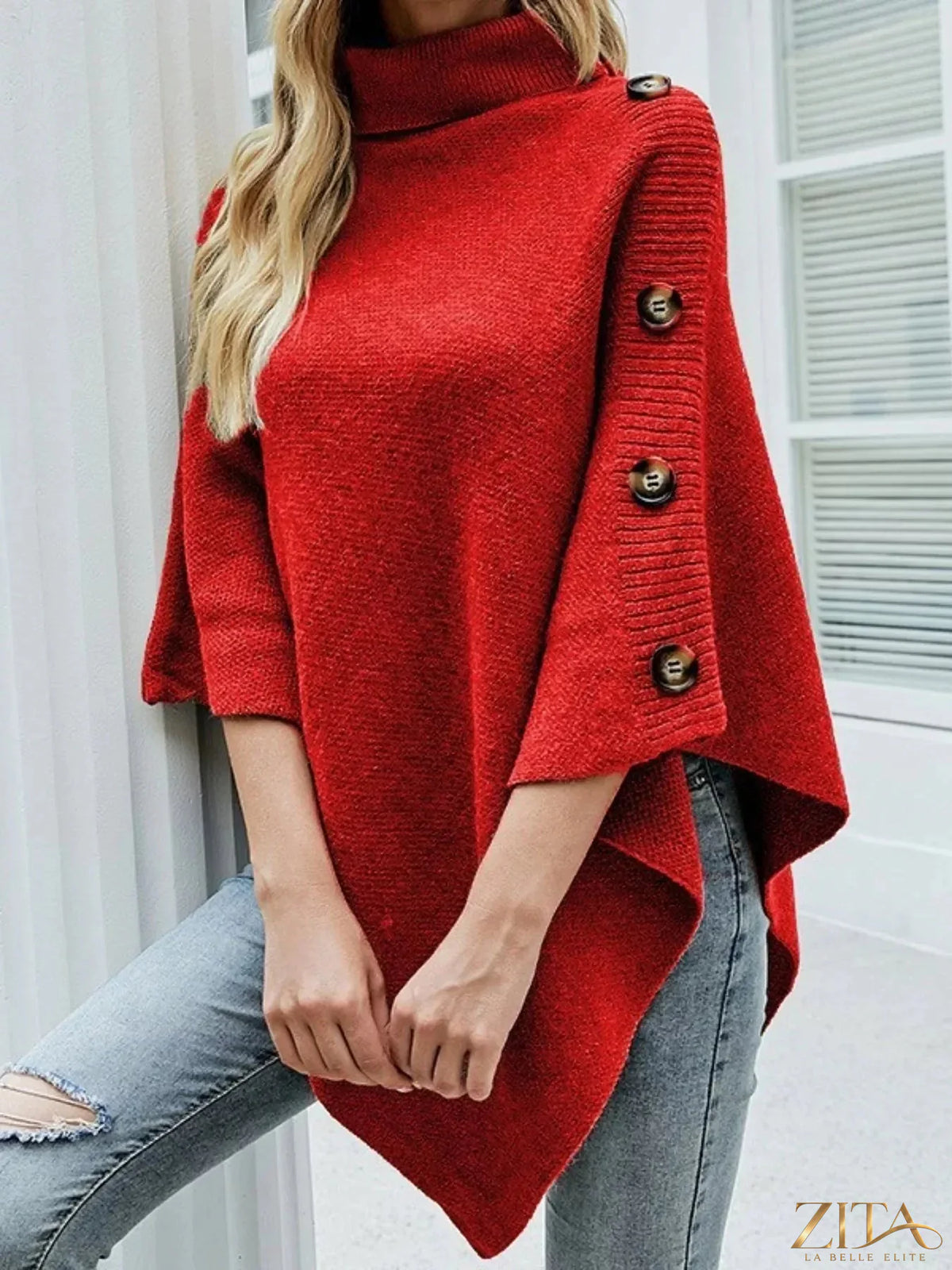Zita La Belle Elite button-decor turtleneck poncho pullover in cozy knit fabric, featuring large buttons and a stylish draped design.