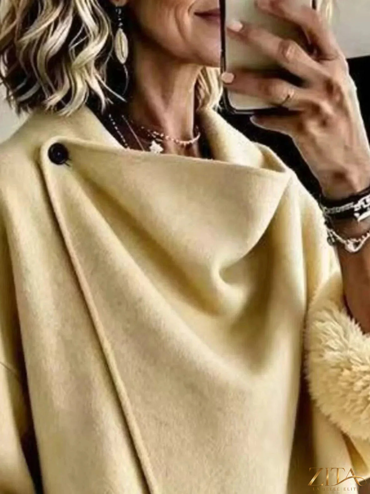 Plus size Zita La Belle Elite faux fur cuff outerwear featuring an elegant asymmetric design in full size.