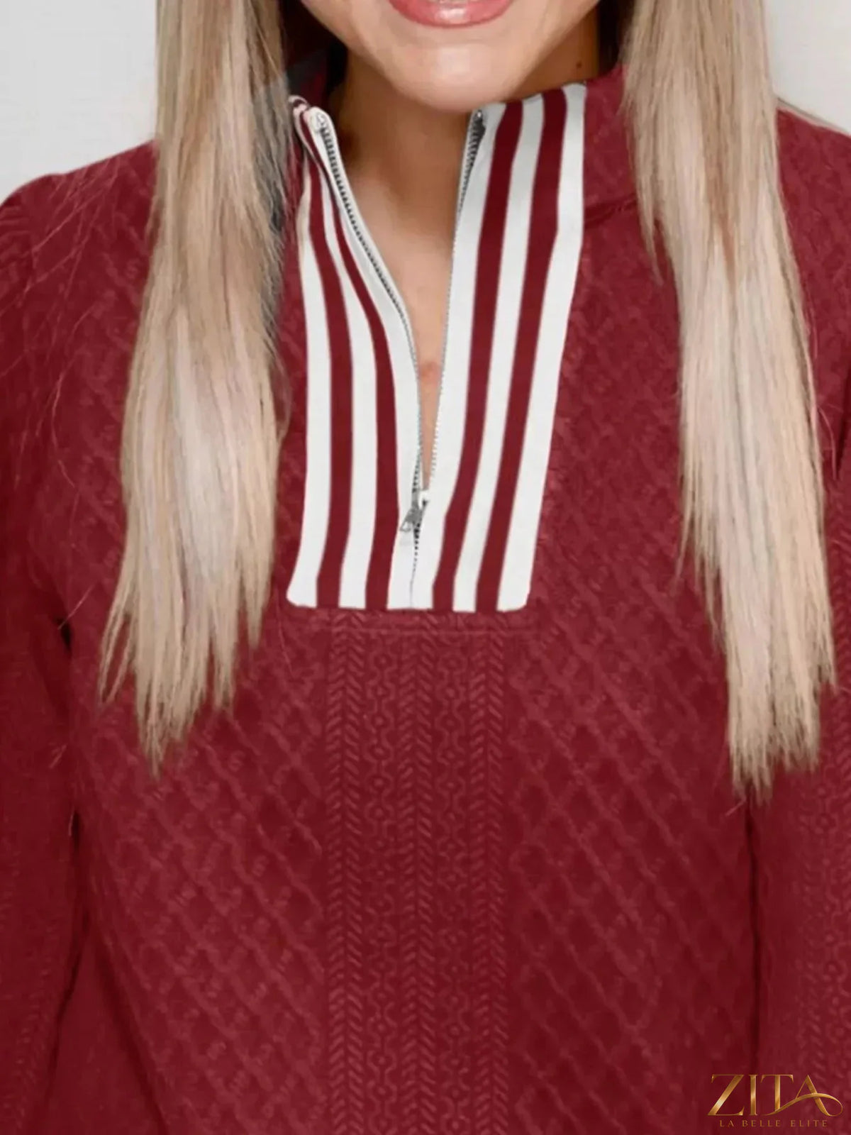 Zita La Belle Elite striped trim zipper blouse with long sleeves and button front, featuring a stylish collar and fitted design.