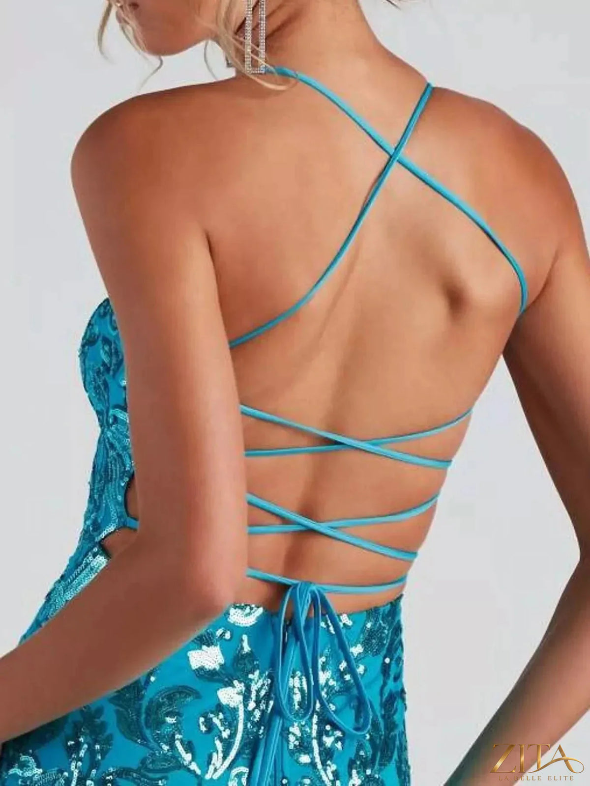 Sequin embellished black bodycon backless evening dress with lace-up back from Zita La Belle Elite.