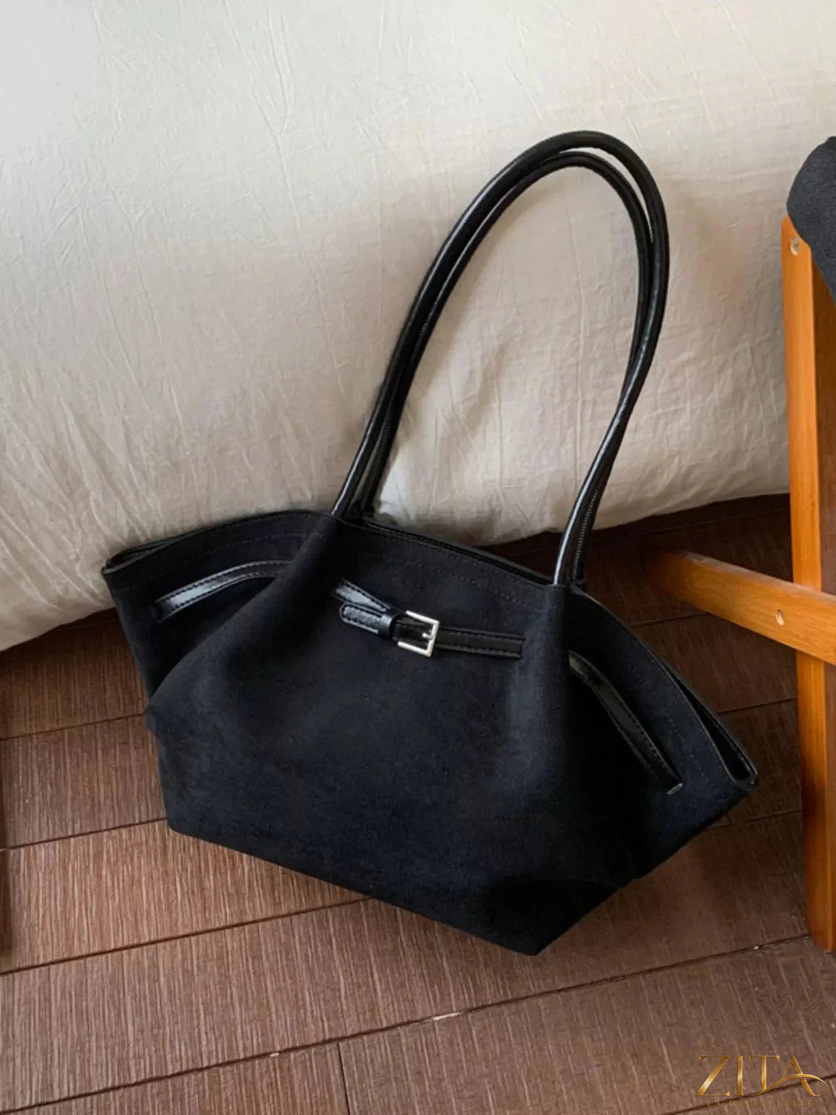 Zita La Belle Elite solid color buckle tote bag with top handle and adjustable strap, stylish and spacious for everyday use.