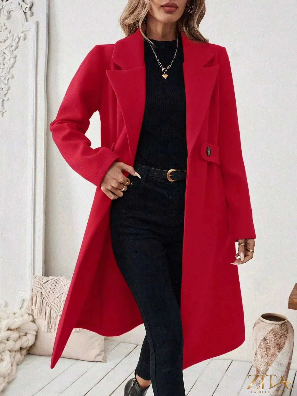 Zita La Belle Elite single-button longline coat in neutral fabric, displayed on a hanger against a plain background.