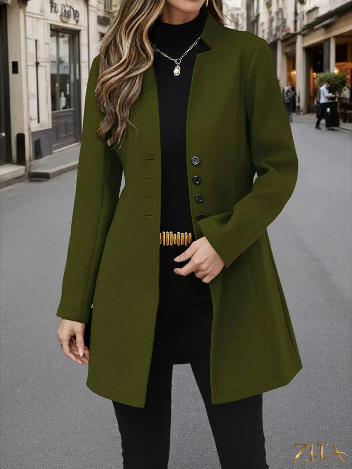 Zita La Belle Elite button-up long sleeve coat in a stylish, tailored design, shown in a sleek dark fabric.