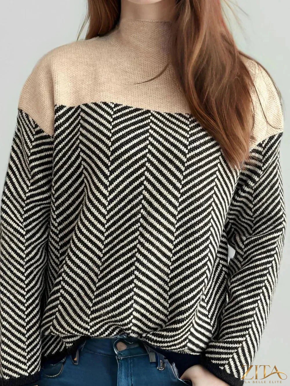 Contrast turtleneck long sleeve sweater by Trendsi, featuring a cozy knit with a stylish color block design.