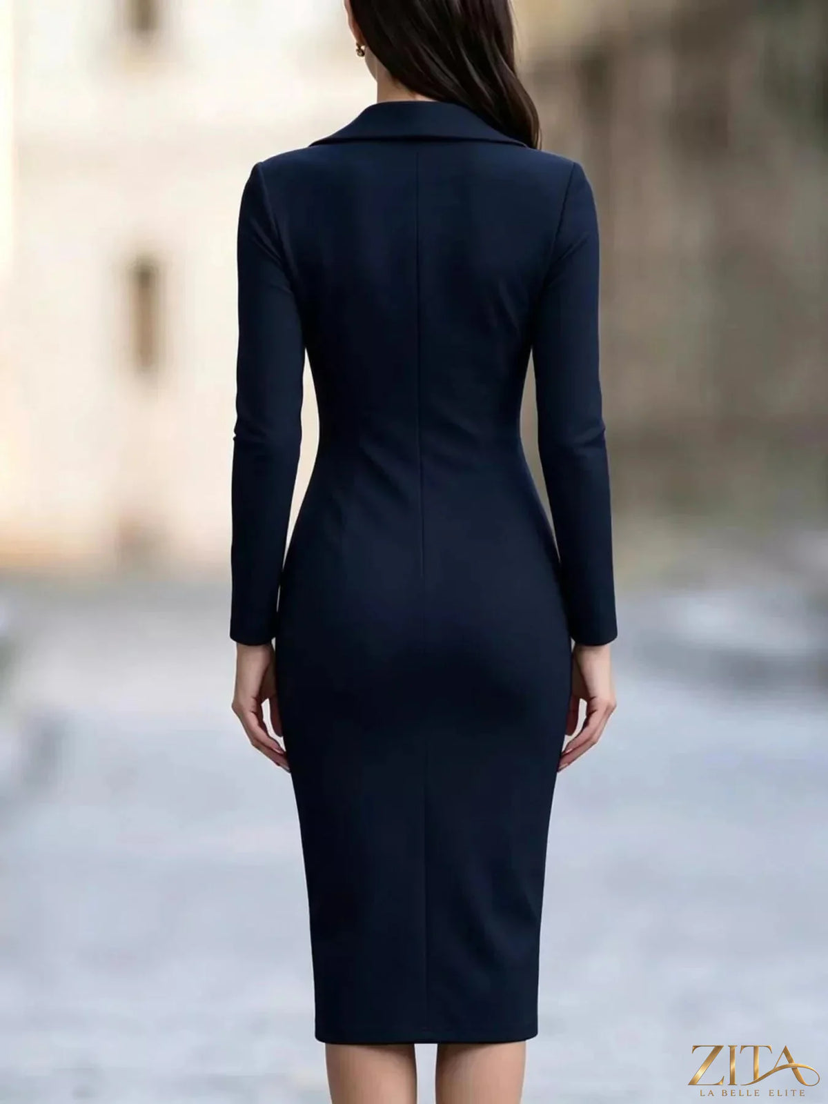 Elegant Zita La Belle Elite asymmetric zipper lapel bodycon midi dress displayed on a model, showcasing its stylish design and fit.