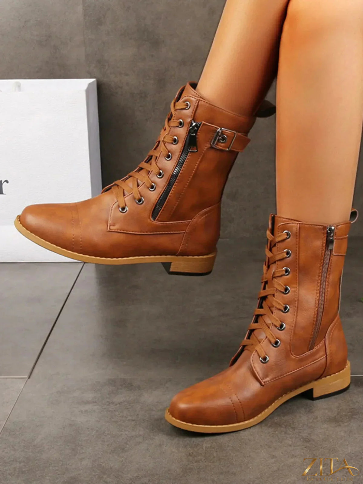 Zita La Belle Elite lace-up boots with buckle detail, black leather with chunky sole and stylish design.