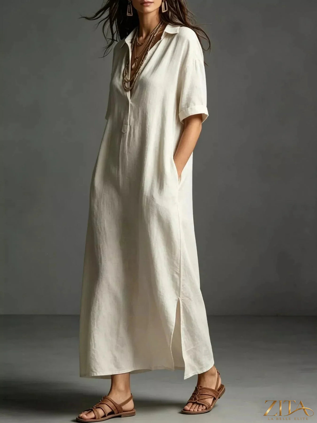 Plus size Zita La Belle Elite casual midi shirt dress with a relaxed fit and button-down front, shown in a full-size style.