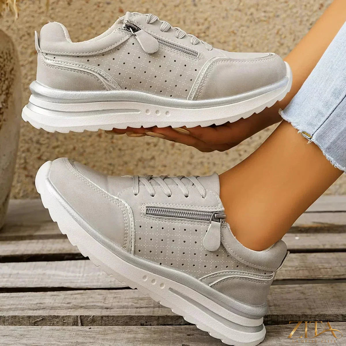 Zita La Belle Elite round toe lace-up sneakers in white with rubber soles and stylish design, perfect for casual wear.