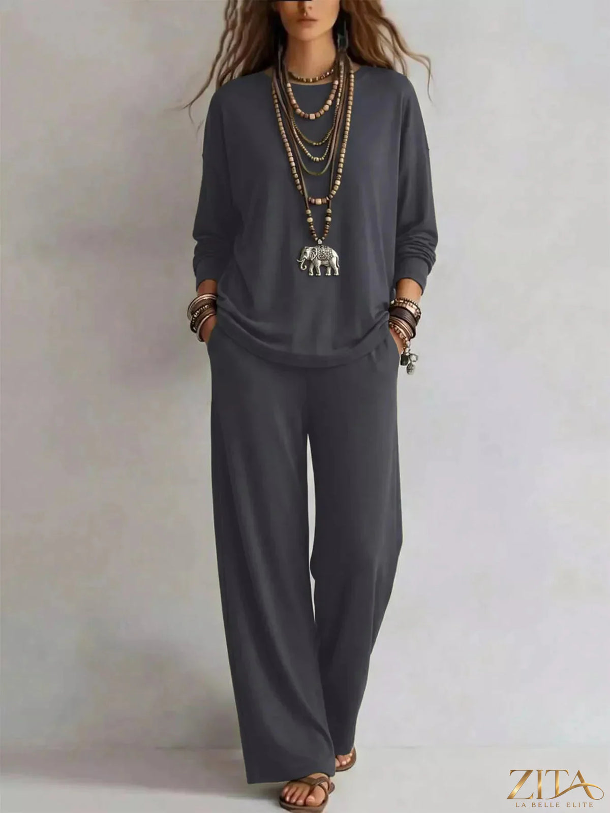 Zita La Belle Elite round neck T-shirt and wide-leg pants set displayed on a model, showcasing casual chic fashion.