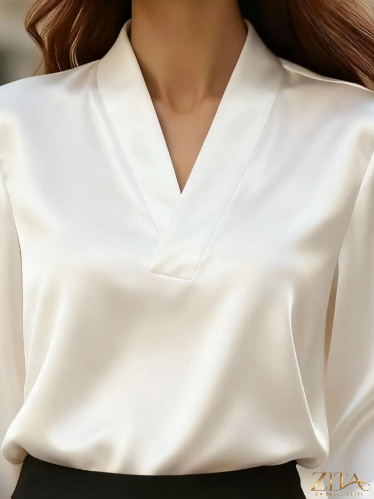 Zita La Belle Elite satin V-neck long sleeve blouse, elegant and smooth fabric with a classic V-neck style and long sleeves.
