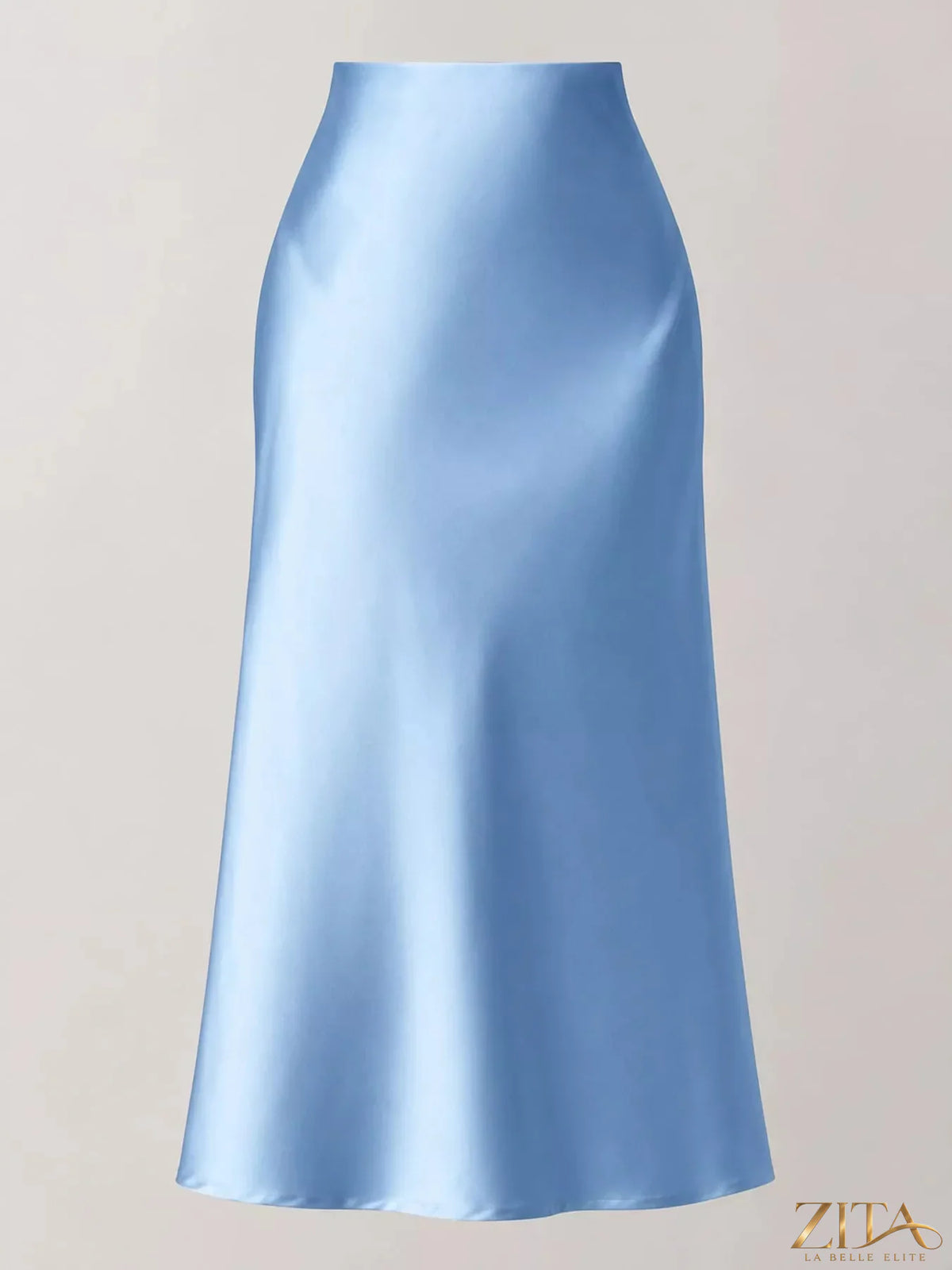 High-waisted satin midi skirt from Trendsi featuring a smooth, shiny fabric and a flattering, elegant silhouette.