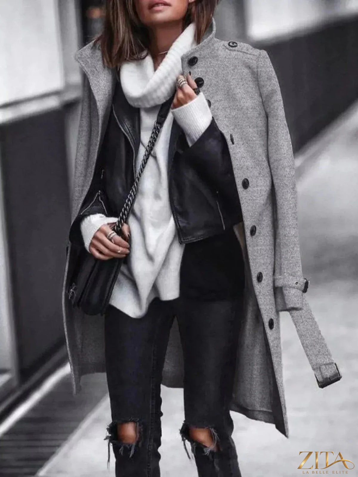Zita La Belle Elite button-down longline coat with belt, featuring a tailored fit and stylish design, shown on a model.