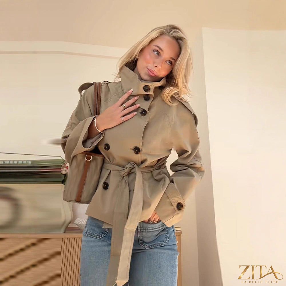 Women’s lace-up waist trench coat by Zita La Belle Elite, stylish jacket with a fitted silhouette and classic design.