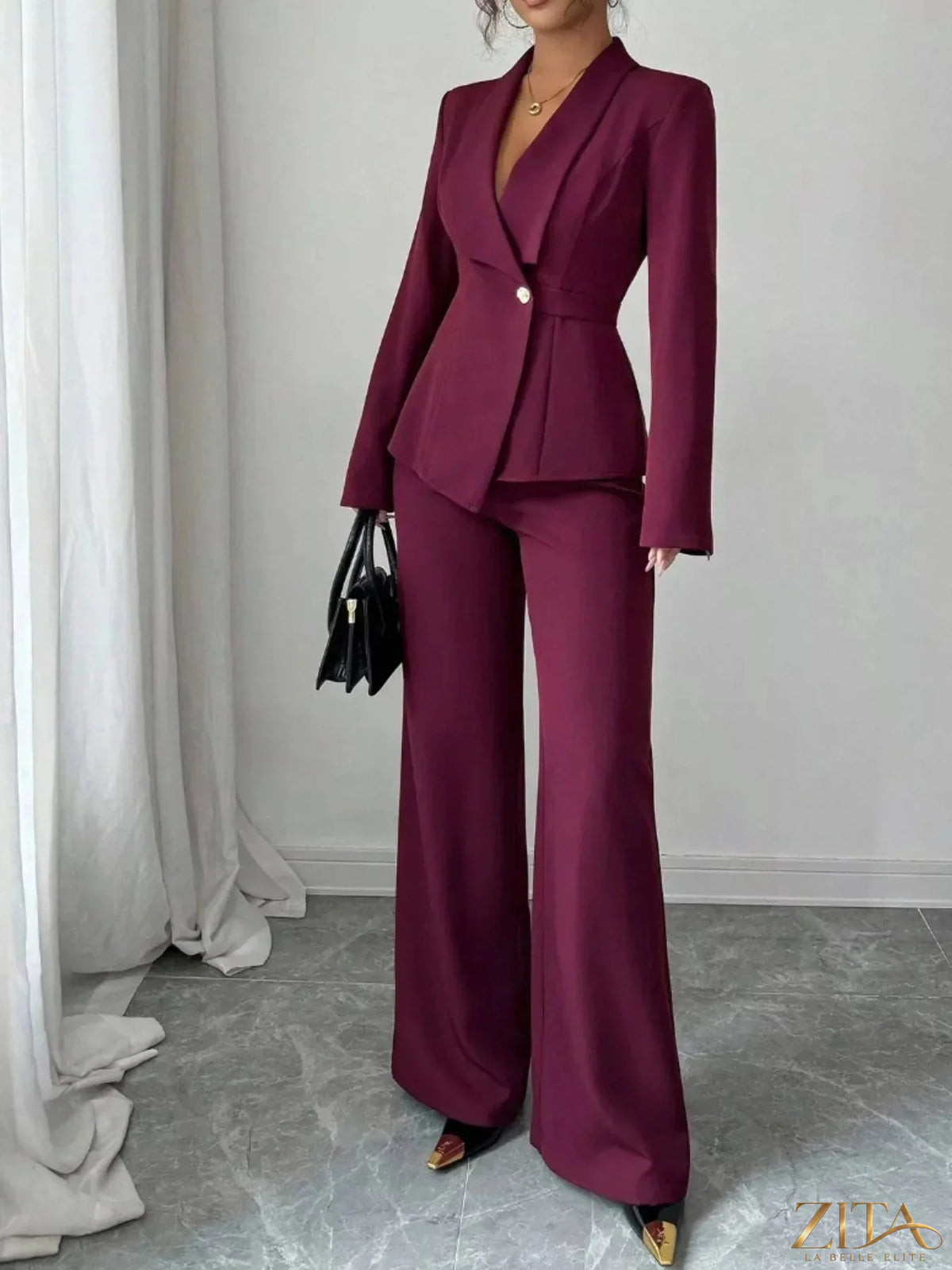 Zita La Belle Elite one-button blazer and matching pants set, tailored fit, in a stylish formal outfit for women.