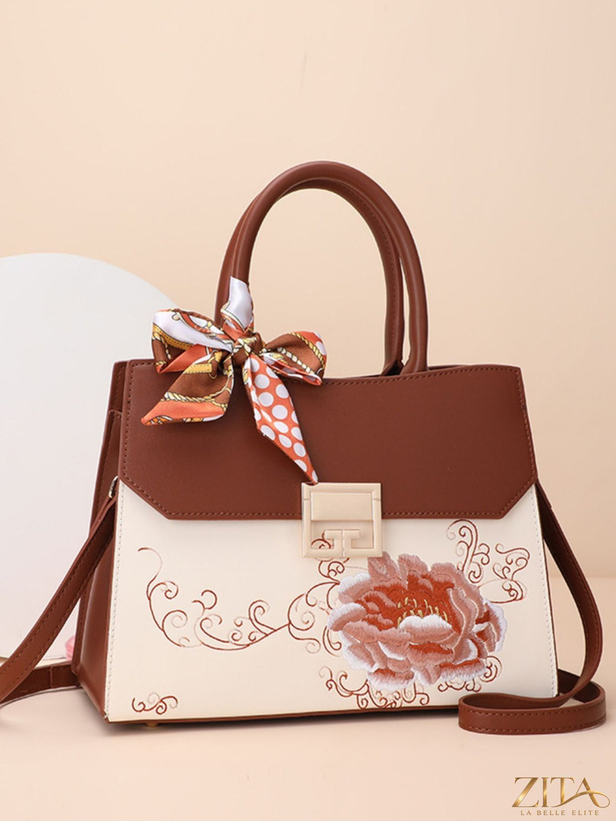 Zita La Belle Elite floral top handle handbag with colorful flower pattern and structured design, perfect for stylish accessories.
