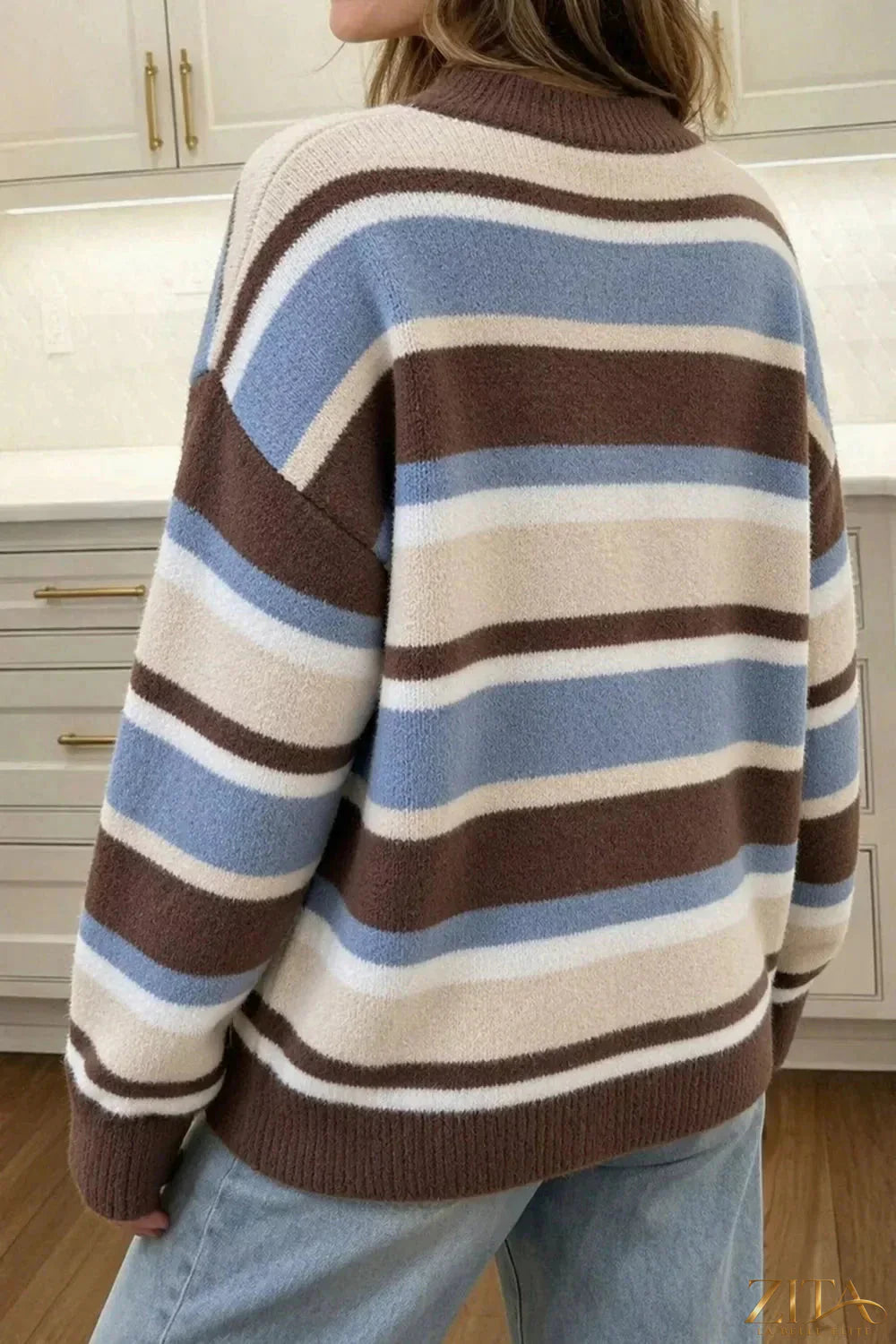 Zita La Belle Elite striped dropped shoulder sweater in navy and white, featuring a cozy knit and relaxed fit.