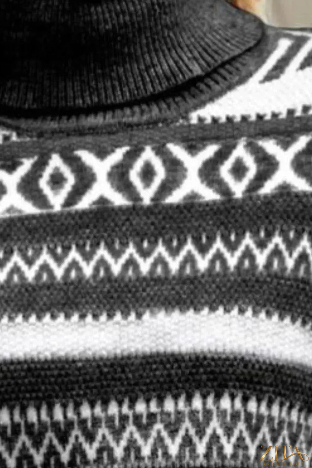Trendsi geometric turtleneck long sleeve sweater with a modern pattern, cozy fit, and stylish design in soft knit fabric.