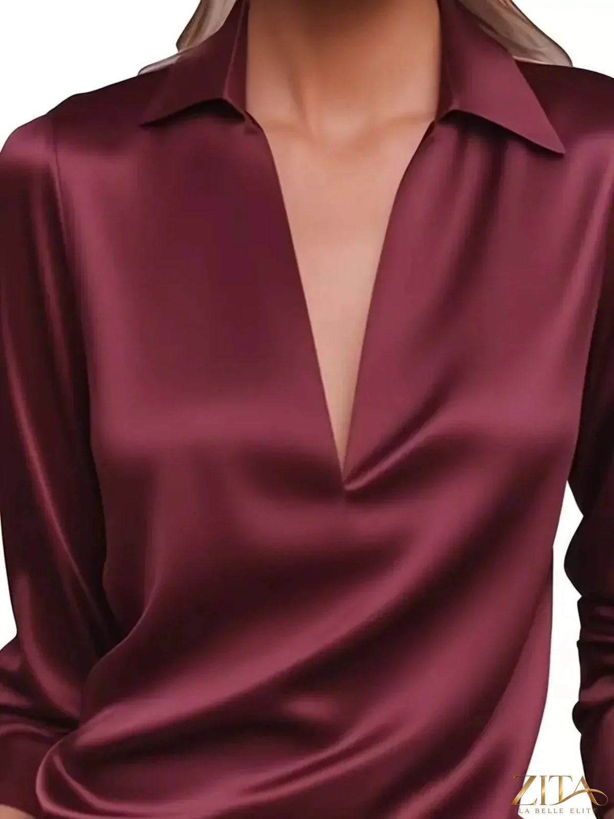 Zita La Belle Elite satin Johnny collar long sleeve blouse in sleek, shiny fabric with button front and tailored fit.