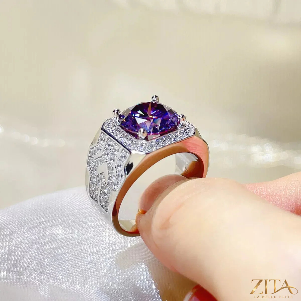 Sterling silver moissanite ring with a 5-carat sparkling gemstone, featuring a sleek design and polished finish.