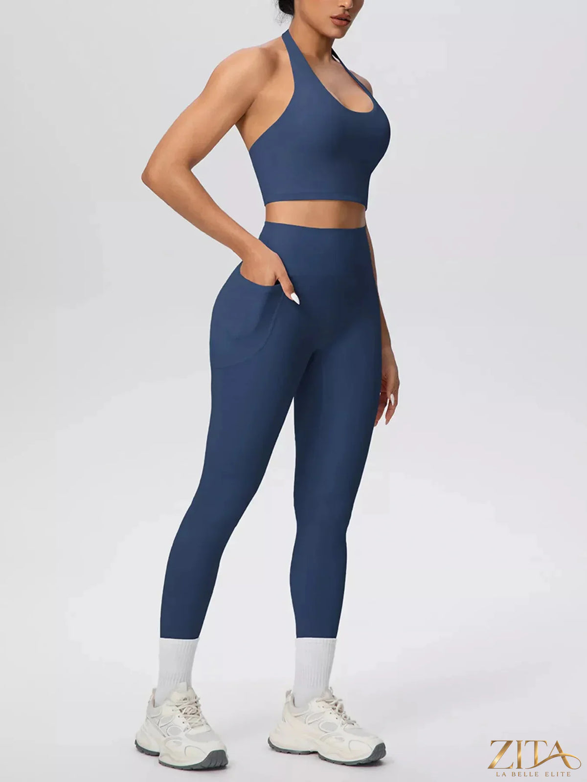 Zita La Belle Elite halter neck crop top and high-waisted leggings active set, black, stretchy athletic wear for workout or fitness.