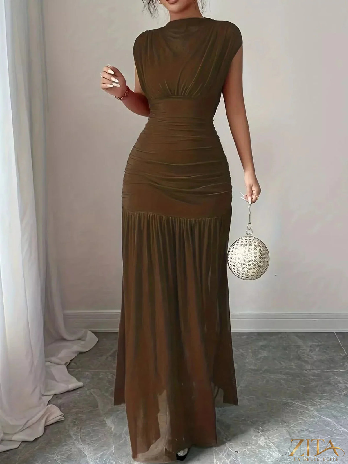 Zita La Belle Elite ruched black bodycon maxi dress with fitted silhouette and elegant design.