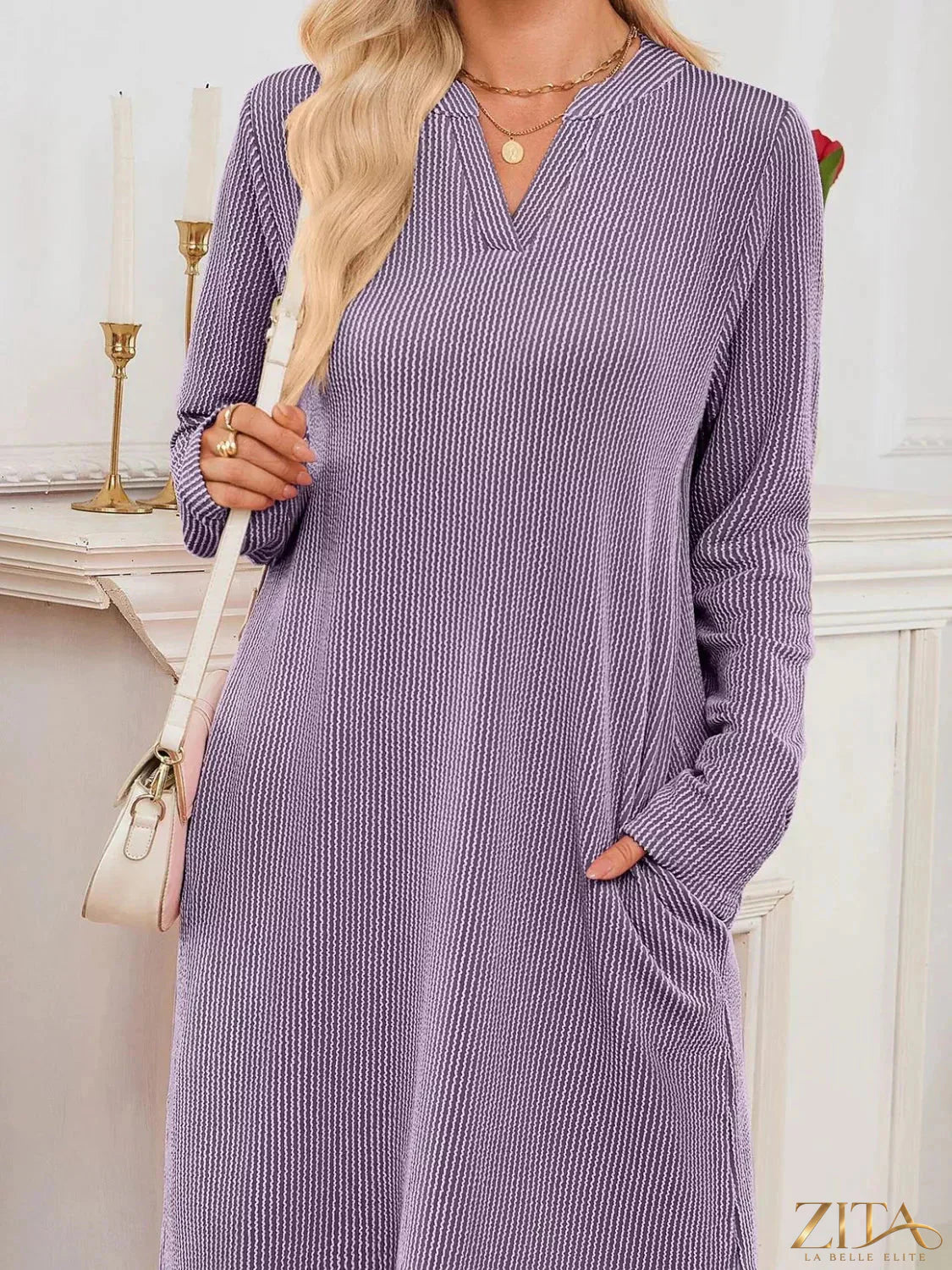 Zita La Belle Elite casual ribbed knit long sleeve dress, fitted style with textured fabric, in a neutral color.