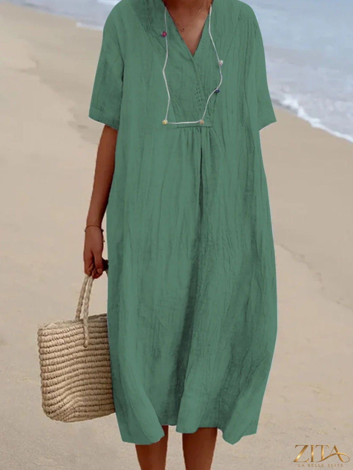 Zita La Belle Elite casual loose short sleeve midi dress in soft fabric, showcasing a relaxed fit and stylish design.