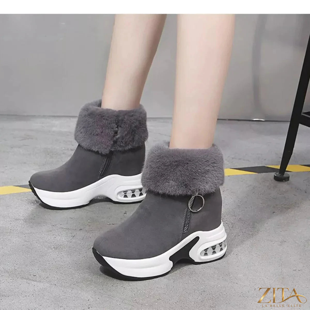 Zita La Belle Elite fuzzy side zipper platform ankle boots with chunky heel and textured sole