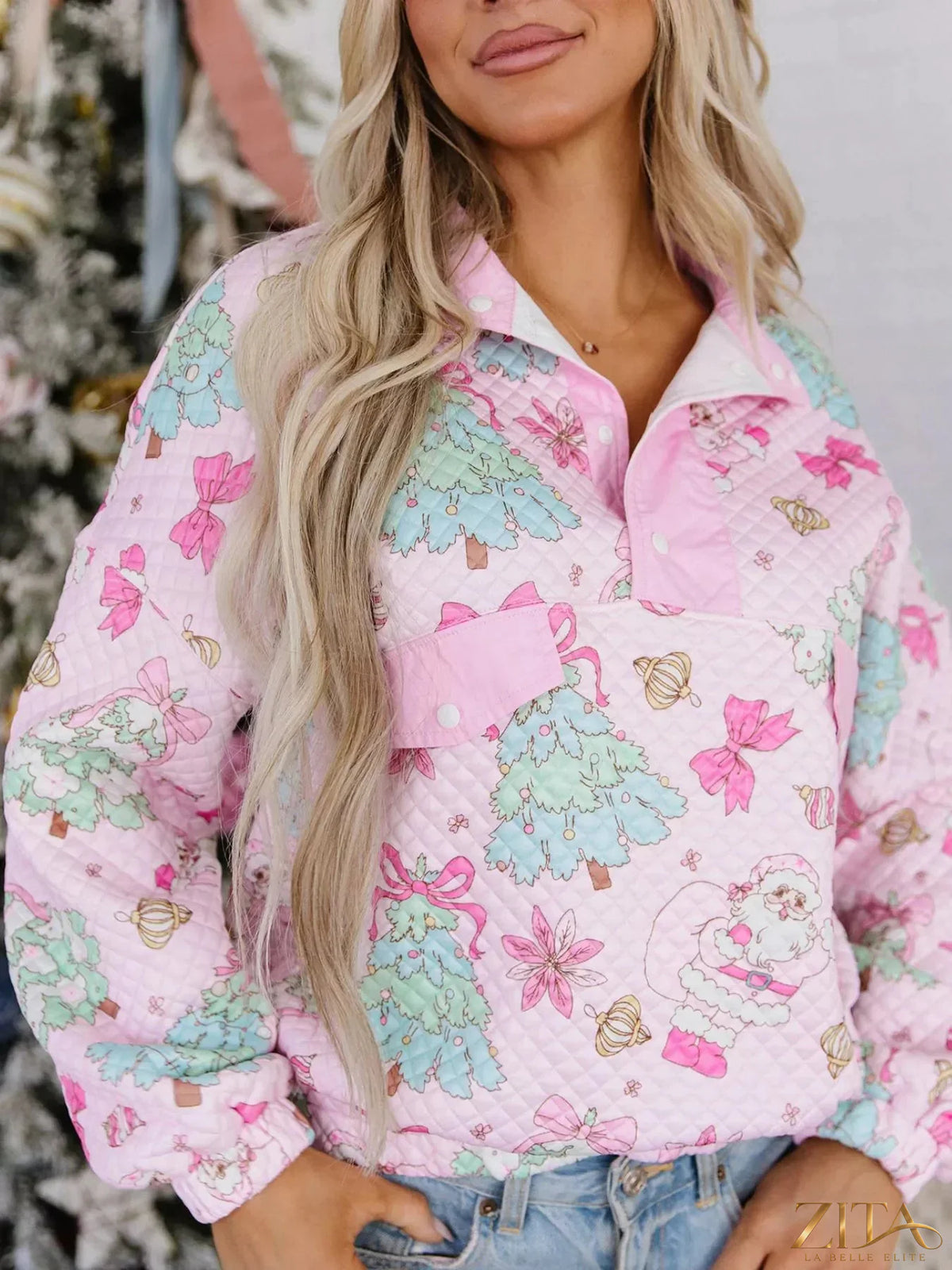 Zita La Belle Elite Christmas print collar half-button loose sweatshirt with festive holiday design and cozy fit.