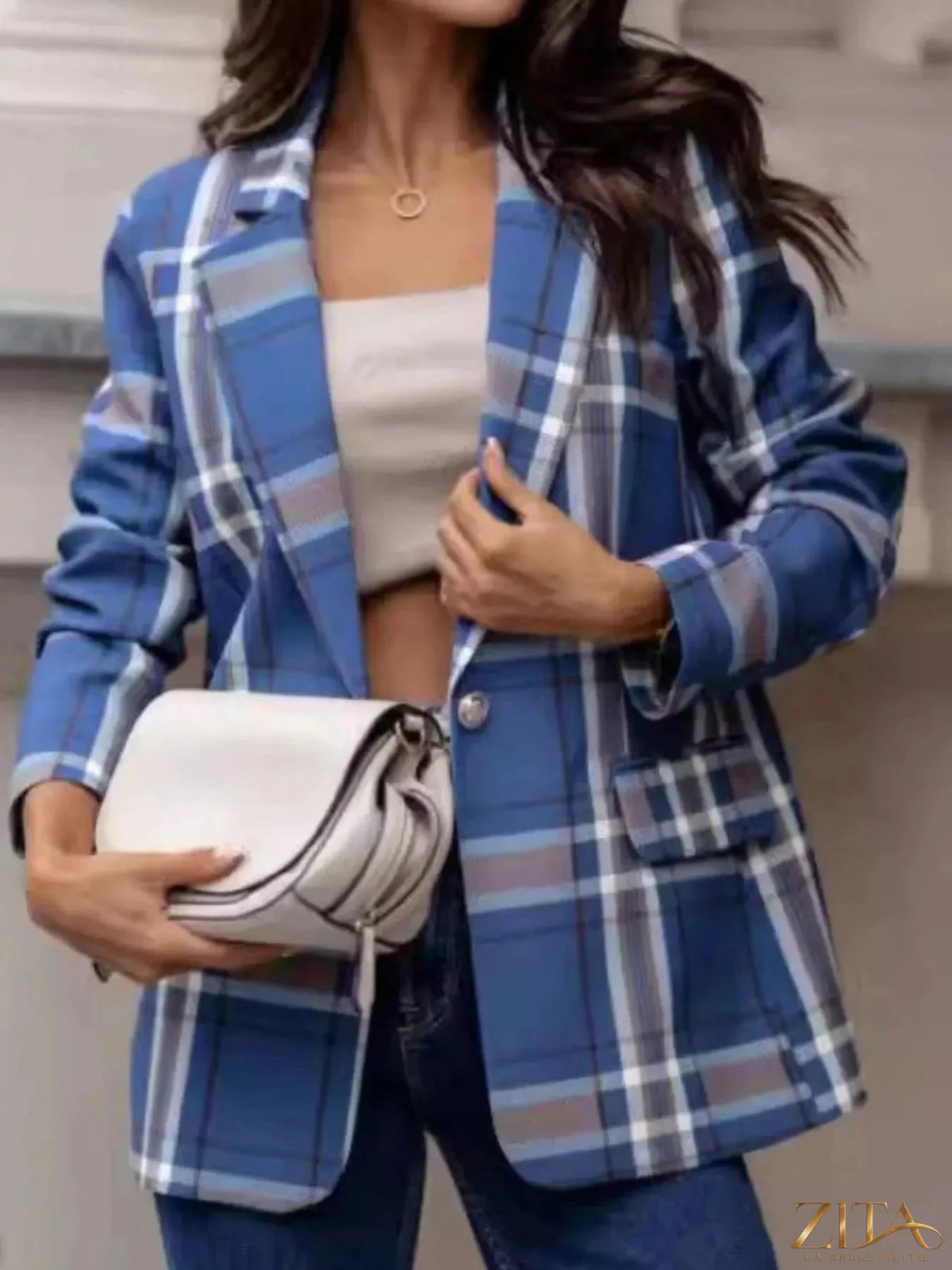 Zita La Belle Elite plaid blazer with lapel collar, tailored fit, featuring a classic checkered pattern and stylish design.