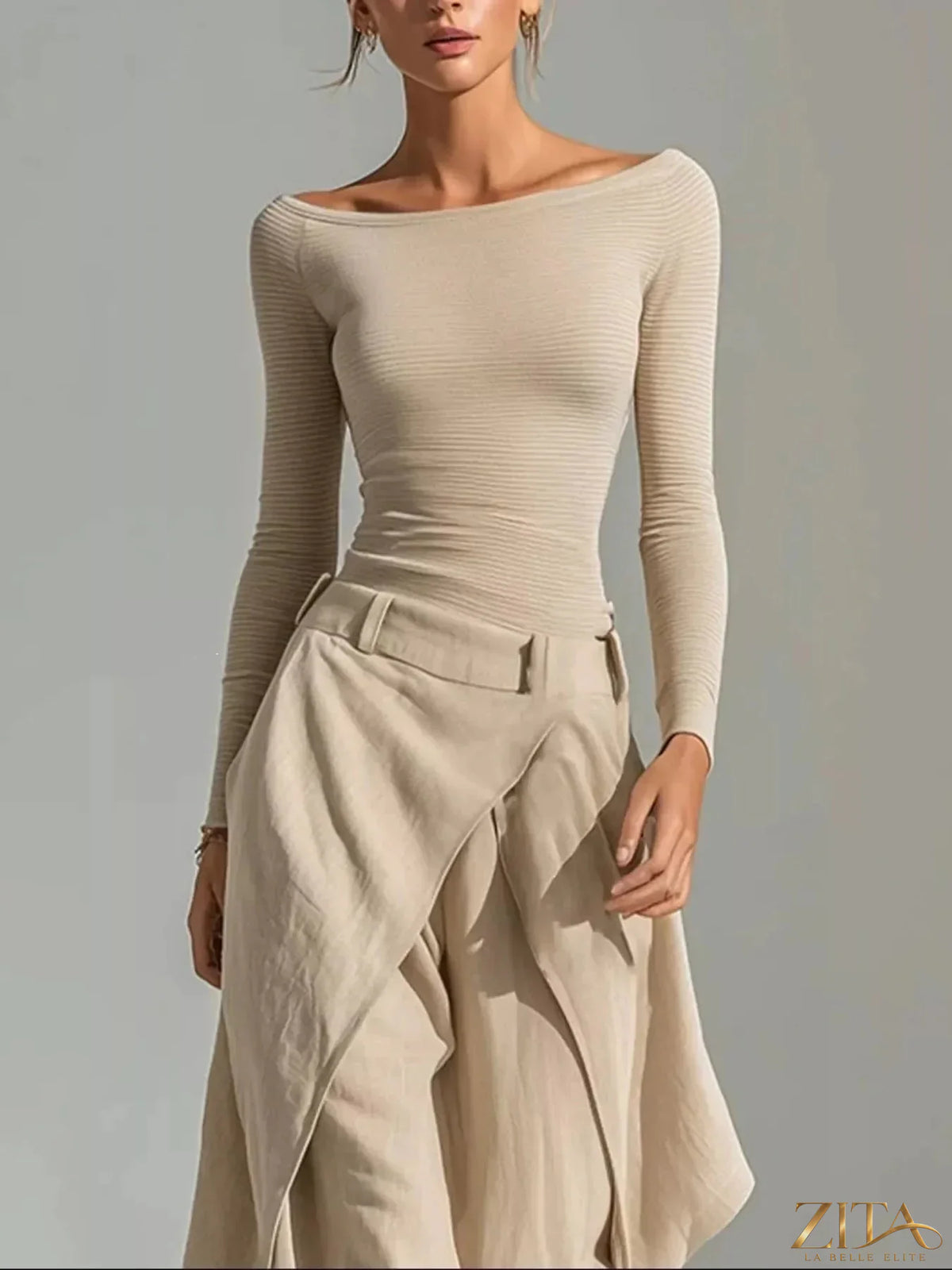 Zita La Belle Elite boat neck long sleeve top and wrap-front wide leg pant set, stylish and comfortable clothing ensemble.