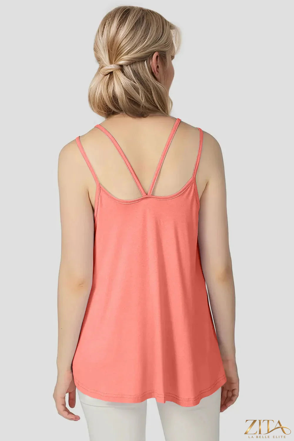 Zita La Belle Elite Basic Bae bamboo cami with scoop neck and double spaghetti straps, shown in natural light.