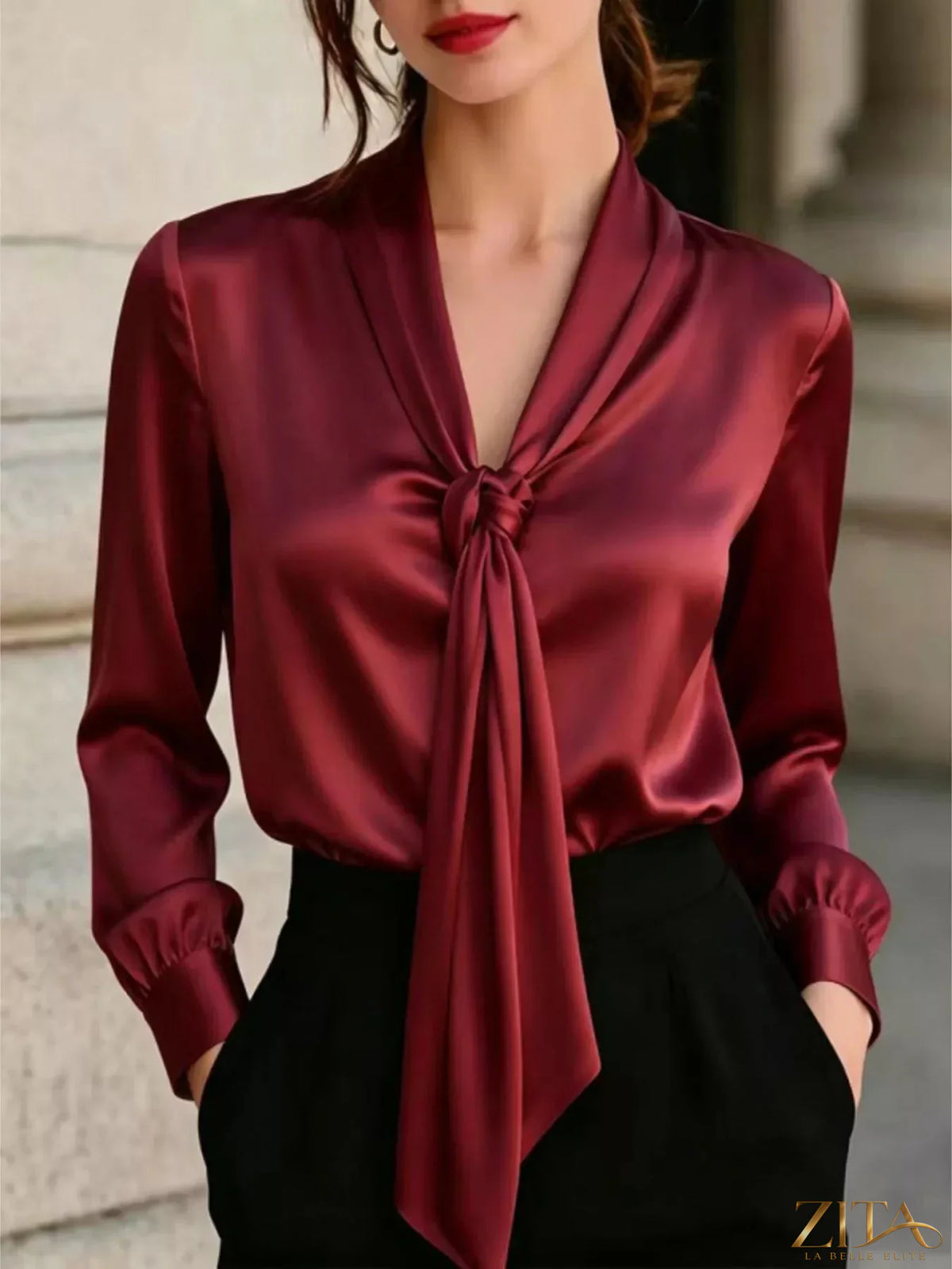 Zita La Belle Elite satin blouse with front tie detail, featuring a sleek, elegant design and smooth fabric.