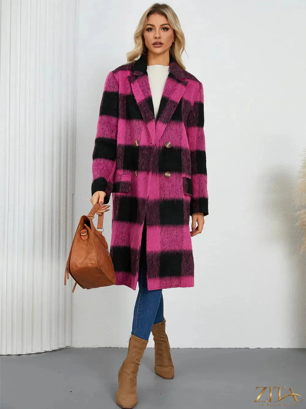 Zita La Belle Elite plaid double-breasted long sleeve coat with a classic check pattern and tailored fit.