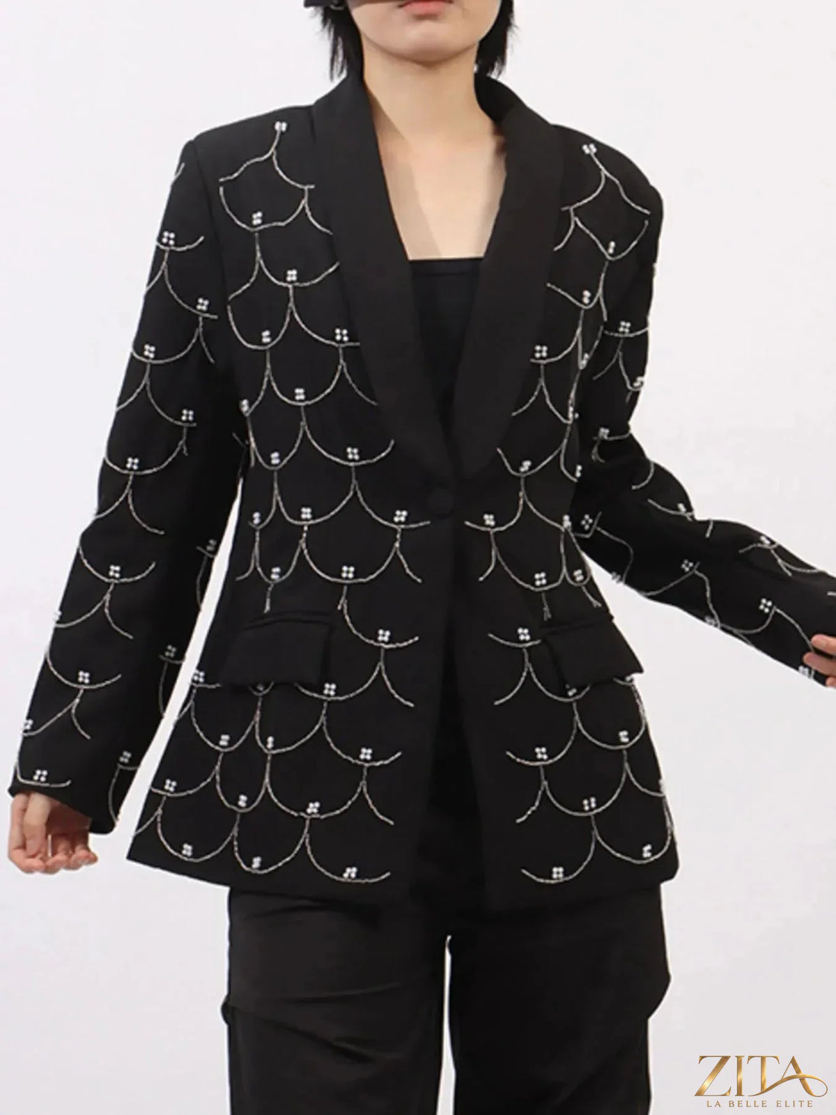 Zita La Belle Elite pearl detail long sleeve blazer, tailored with elegant pearl accents, black structured women’s blazer.
